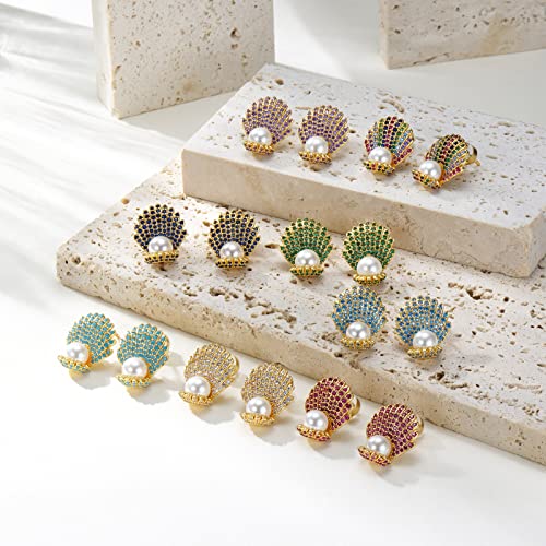 Pearl Stud Earrings For Women 925 Sterling Silver Post Gold Plated Multcolors Cubic Zirconia CZ Simulated Shell White Pearl Jewelry Gifts weinuo