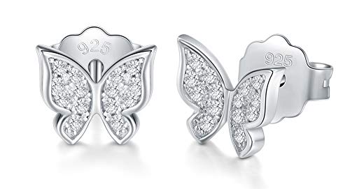 925 Sterling Silver, 14K White Gold/Gold Plated Stud Earrings, Cubic Zirconia Butterfly Stud Earrings/Silver Earrings, Gold Earrings for Women