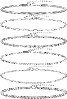 6Pcs Stainless Steel Chain Bracelets for Men Women 2mm Cuban Snake Twists Rope Box Beads Paperclip Link Chain Bracelet Sets Jewelry Gifts 7 Inches Length Adjustable