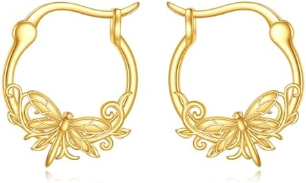 14K Yellow Gold Angel Hoop Earrings with Hinged Hoop and Cubic Zirconia for Women/Girls - Dragonfly Design