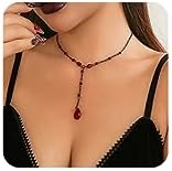 Retro Gothic Blood Drop Y-Shaped Necklace Black/Red Crystal Teardrop Pendant Necklace Y2k Grunge Necklace Halloween Cosplay Jewellery for Women Girls