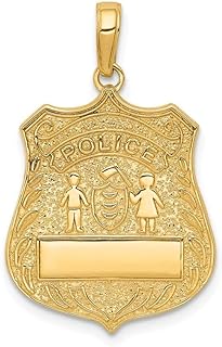 14k Yellow Gold Solid Textured back Engravable (front only) Polished Flat Backed Engraveable Police Badge Pendant Necklace Measures 28x18mm Jewelry for Women