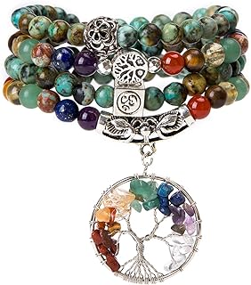 Bivei 108 Mala Beads Bracelet - 7 Chakra Tree of Life Real Healing Gemstone Yoga Meditation Mala Prayer Bead Necklace