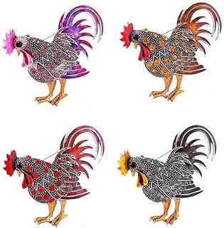 VEINTI+1 Chicken Pins | Rooster Cock Hen with Rhinestones Trendy Statement Painted Metal Ring Pins for Backpack Hat Clothing Decorate(4 pc/set)