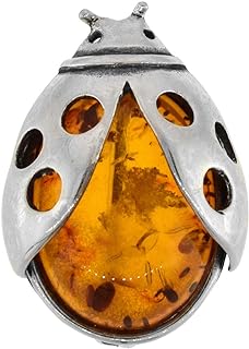 Sterling Silver Baltic Amber Ladybug Brooch Pin for Women Antiqued Finish Approx. 1 inch Wide