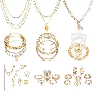 36 Piece Non-Tarnish Gold-Plated Jewelry Set with Lobster Clasp for Women - Featuring Necklaces, Bracelets, Ear Cuffs and Knuckle Rings - Perfect for Anniversary, Birthday, Valentine Gifts