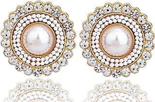 Cream Dome Big Pearl Stud Earrings, Crystals Rhinestones Art Vintage Earrings with Wedding Style