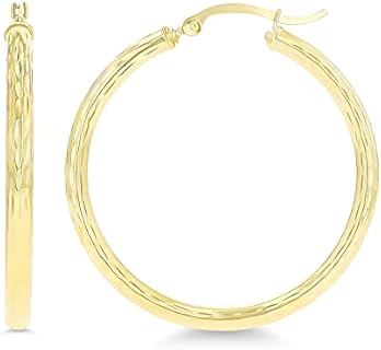 14k Yellow Gold Solid Polished 3mm Thick Diamond Cut Hoop Earrings for Women | Classic Diamond Cut Italian Gold Hoops With Secure Click Top, 20mm-60mm