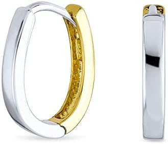 Classic Simple Two Tone Geometric Vertical U Rectangle Oval Hoop Paperclip Earrings Of Women Teens Yellow 14K Gold Plated .925 Sterling Silver Polished Hinged