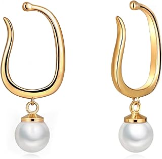 Cowlyn Pearl Cuff Clip Earrings Pendant Dangle Non Pierced Ears 14K Gold Hoop Cartilage Small Ear Hypoallergenic Cute Charm Jewelry Gift for Women Girls
