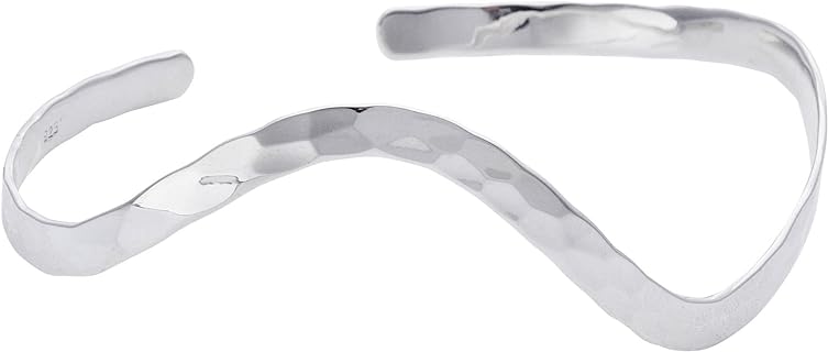 No-Clasp, Hammered Sterling Silver Bangle Bracelet with Box Chain for Women and Teen Girls - Unique Wavy Cuff Design