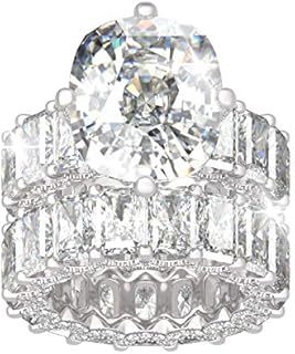 Jeulia Cushion Cut Three Sided Pave Sterling Silver Eternity Ring Cubic Zirconia Art Deco Halo Wedding Engagement Anniversary Rings Set