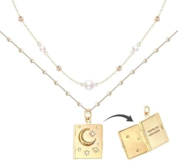 Book Shape Layered Golden Locket Choker For Women Moon Star Pearl Vintage Chain Necklace Pendent For Birthday/Thanks Giving/Christmas Gift