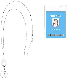 Retractable Badge Reel Lanyard with ID Holder for Women, Will Well Fashion Beaded Lanyard Stainless Steel Necklace with Water Resistant Name Badge Holder, Silver