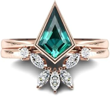2.5 CT Vintage Emerald Kite Engagement Ring Set 14k Rose Gold Emerald Wedding Ring Set Antique Emerald Bridal Promise Ring Set Anniversary Ring Set
