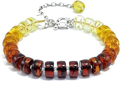 Gradient Color Amber Tablets Beads Bracelet Sterling Silver, Genuine Baltic Amber.