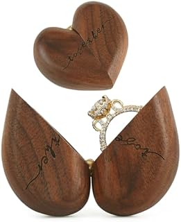 Drnilui Engraved Wooden Wedding Ring Box in Semi-Gloss Walnut with Heart Design, Ideal for Engagements and Anniversaries