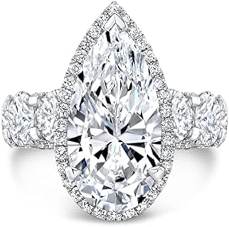 LALIT GEMS Sterling Silver, 10 CT Pear Diamond Moissanite Engagement Ring, Cubic Zirconia Accents, Hidden Halo Design, Ring Size 4
