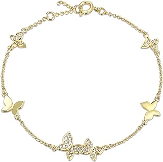 EleQueen Butterfly Link Bracelet, Silver/14K Gold Plated Cubic Zirconia Butterfly Charm Adjustable Bracelet for Women Teen Girls Brithday