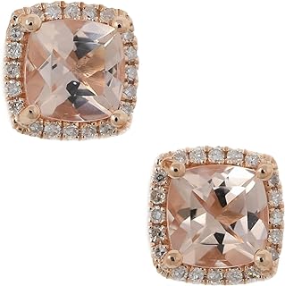 KOKAV 14K Rose Gold Genuine Morganite 5.5 mm Cushion, Diamond Stud Earrings