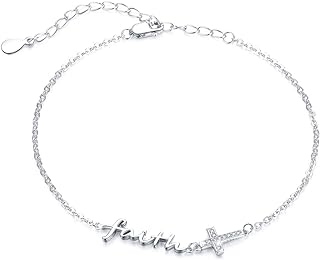 925 Sterling Silver Faith Cross & Angel Wing Adjustable Anklet/Bracelet with Box Chain and Buckle Clasp - Hypoallergenic Religious Jewelry for Women and Girls
