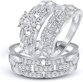 Elmas Round 0.75ct White Cubic Zirconia 925 Sterling Silver Trio Engagement Bridal Set for Couples - Size 7