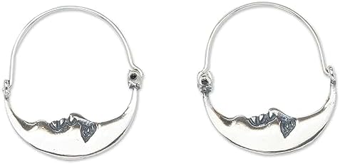 NOVICA Artisan Handmade .925 Sterling Silver Hoop Earrings Vintage Style Crescent Moon Mexico Sun 'Moon at Rest'