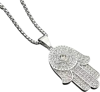 Silver Plated Iced Out CZ Stainless Steel Hamsa Fatima Evil Eye Hand Fashion Pendant Necklace