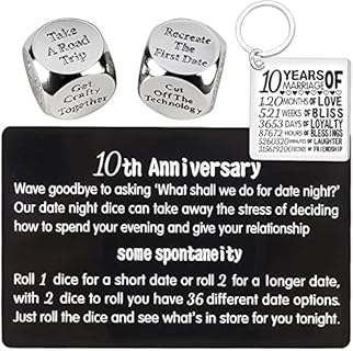 10th Anniversary Celebration Set with Metal Date Night Dice and Keychain for Husband or Wife, Delicate Design