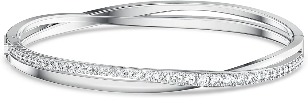 Swarovski Crystal Elegant Bangle Bracelet with Box Chain and Cubic Zirconia - Twist Rows Design in Rhodium & Rose Gold Tone