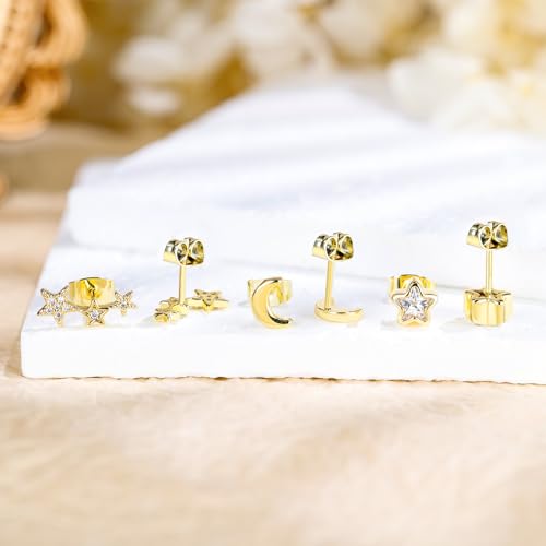 3 Pairs Star Moon Stud Earrings for Women and Men, Hypoallergenic Stud Earrings Set for Girls, Trendy Simple Earrings Jewelry Cubic Zirconia-Silver/Gold