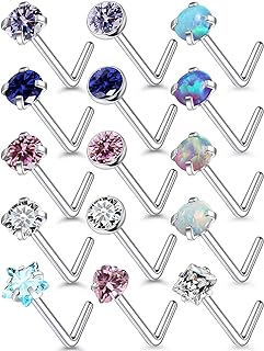 Surgical-Steel L-Shaped Diamond Cubic-Zirconia Nose Studs Set for Women with Diverse Opal Colors