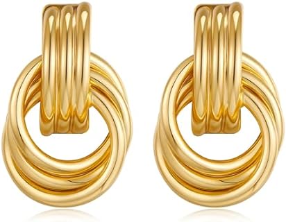 Women's 14K Gold-Plated Brass Statement Geometric Dangle Earrings with Trendy Knot Detail and Secure Latch Back