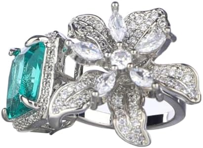 Kercisbeauty Statement Zircon Emeral Green Crystal Flower Sterling Silver Plating Silver Open Ring for Wedding Brides Women Girls Sparkle Rhinestones Jewelry