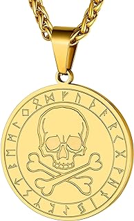 Men's GoldChic Jewelry Skull Pendant Necklace with Wheat Chain and Lobster Clasp - Gold Plated Stainless Steel Gothic Skeleton Design Featuring Viking Norse Runes