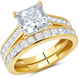 MAX + STONE 3.0 Carat Princess Cut Square Cubic Zirconia Engagement Ring with Wedding Band Set for Women in 10k White or Yellow Gold CZ (3.0 CT.TW) Size 4.5 to 9