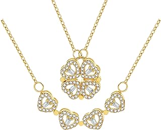 2 in 1 Four Leaf Clover Charm Lucky Necklace Heart Crystal Pendant Necklace Gold Link Valentine's Day Jewelry Gift for Women