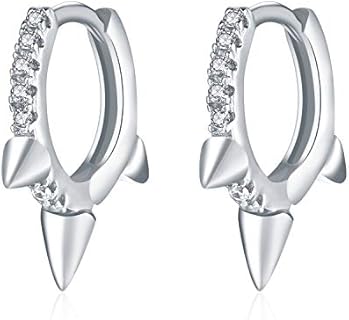 Spike Hoop Earrings with Cubic Zirconia for Women and Girls, Huggie Design in 925 Sterling Silver, Hypoallergenic with Hinged Hoop Back Finding