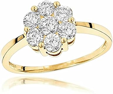 ABHI Round Cut White Diamond 925 Sterling Silver 14K Yellow Gold Over Diamond Flower Cluster Engagement Ring for Women