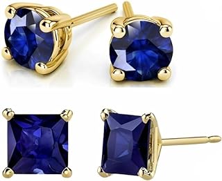 Paris Jewelry 18k Yellow Gold 2 Pair Created Blue Sapphire 6mm Round & Princess Cut Stud Earrings Plated