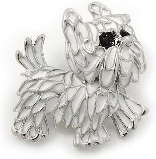 White Enamel Yorkie Puppy Dog Brooch In Rhodium Plating - 4cm Length