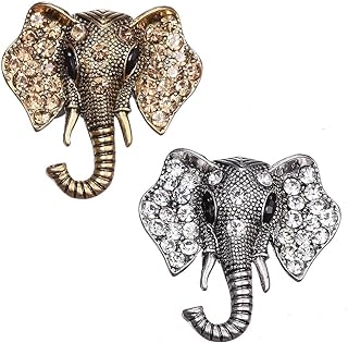 Crystal Accent Elephant Brooch Pins - Set of 2 in Alloy Metal with Secure Pin Clasp - Unisex Vintage Elephant Corsage Design
