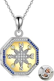 Sterling Silver Compass Locket Necklace with Cable Chain and Lobster Clasp, Picture Holder Pendant, Inspirational Graduation Gift for Men and Women