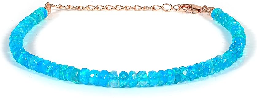 Lobster Claw Clasp Blue Opal Bead Bracelet with C-Chain - Sterling Silver Rondelle Shaped AAA Gemstone - Gift for Her - October Birthstone