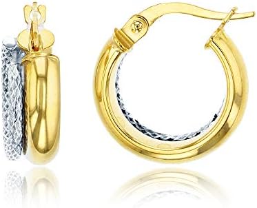 14K Two-Tone Gold Double Hoop Diamond Earrings with Cubic Zirconia for Women, Click-Top Closure, Polished & Diamond Cut Design