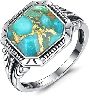 Sterling Silver Men's Vintage Teal Turquoise Wedding Ring, Rectangular Filigree Design Jewelry Gift, Size 8