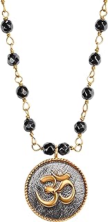 Grounding Serenity Women's Necklace with Crisscross Chain: 18K Gold Plated Brass, Black Rhodium OM Pendant, Hematite Stones - Spiritual, Elegant and Versatile Jewelry for Her