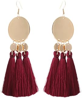 French Wire Back Burgundy Drop Earrings with Wool Tassels for Women - Dangle Design