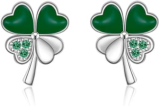 Women's Sterling Silver Irish Shamrock Clover Stud Earrings with Cubic Zirconia Heart Shape Design