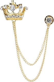 Butterfly Clasp Golden Crown Men's Lapel Brooch with Hanging Chain and Crystal Embellishments - Elegant Vintage-Styled Suit Accessory